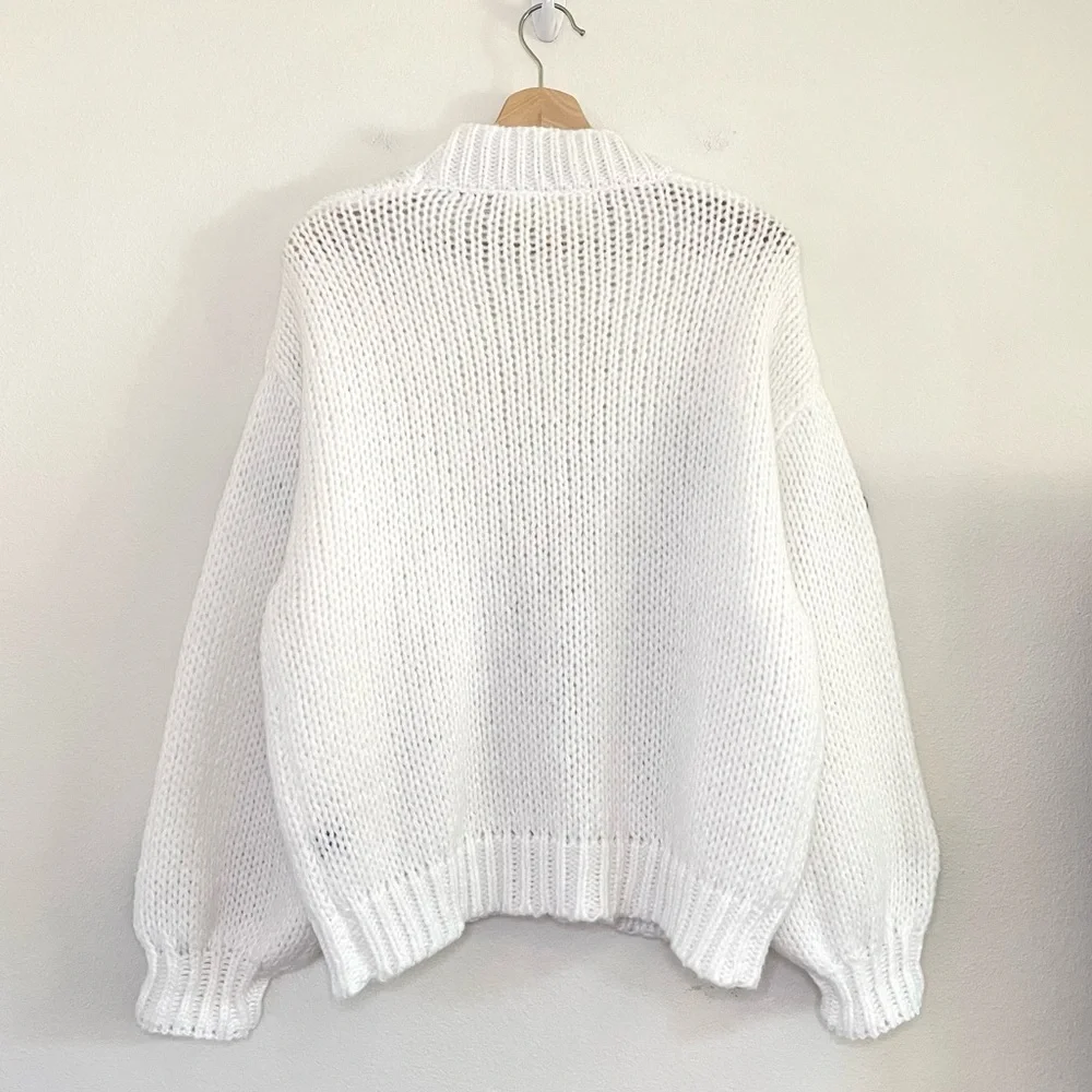 Anthropologie Maeve Susannah 3D Flower Cardigan Open Front Knit Sweater White OS